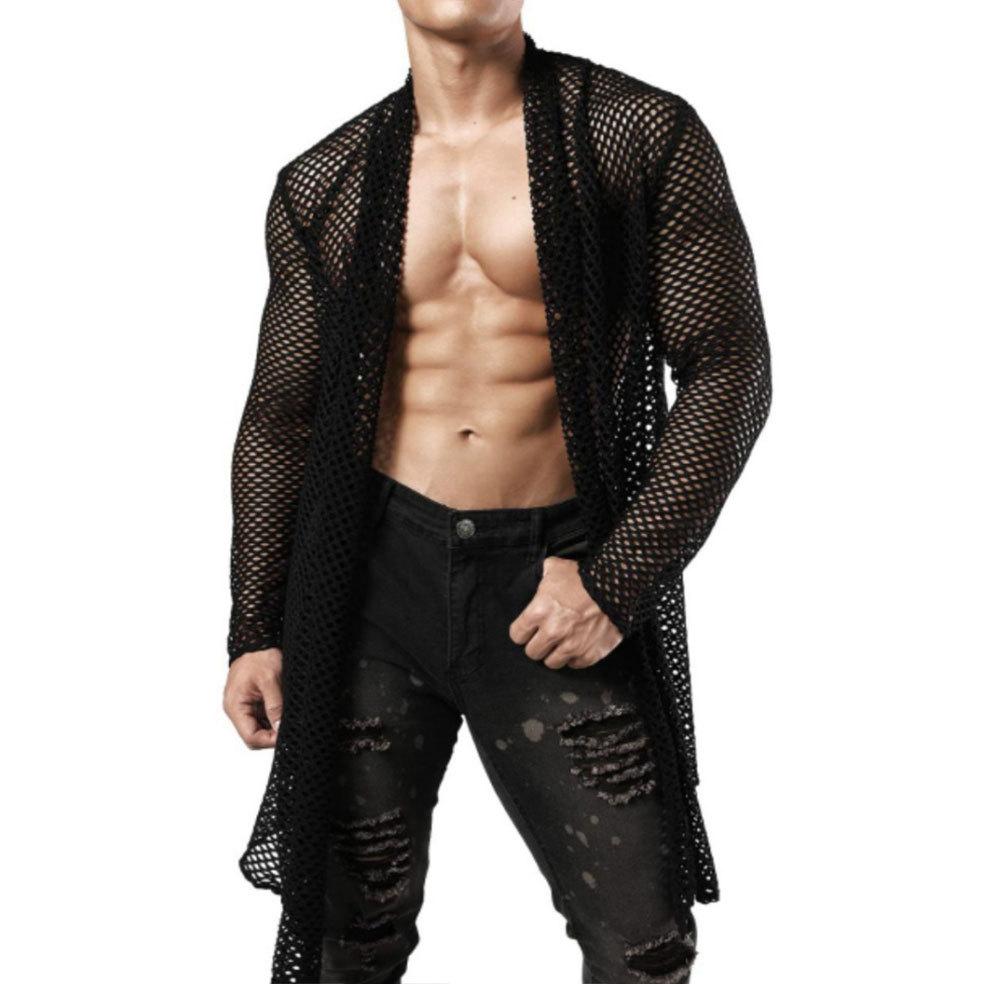 2025 Hollow Out See-through Mesh Sexy Long Trench Coat Mens Summer Gothic Punk Long Jacket Cloak