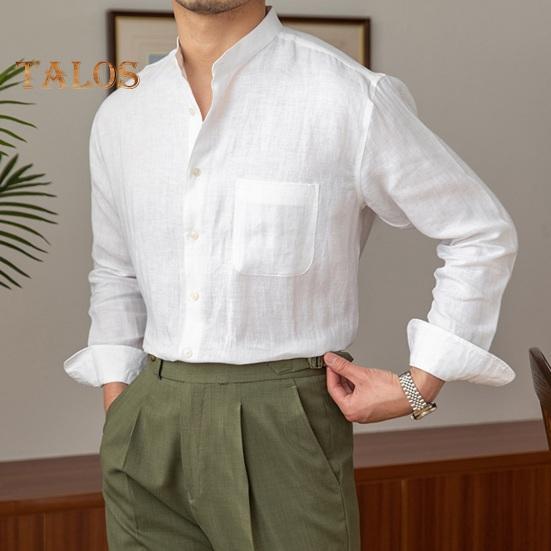 Spring Fall Men Shirt Stand Collar Single-breasted Long Sleeves Buttons Solid Color Cardigan Formal Business Style Office Top