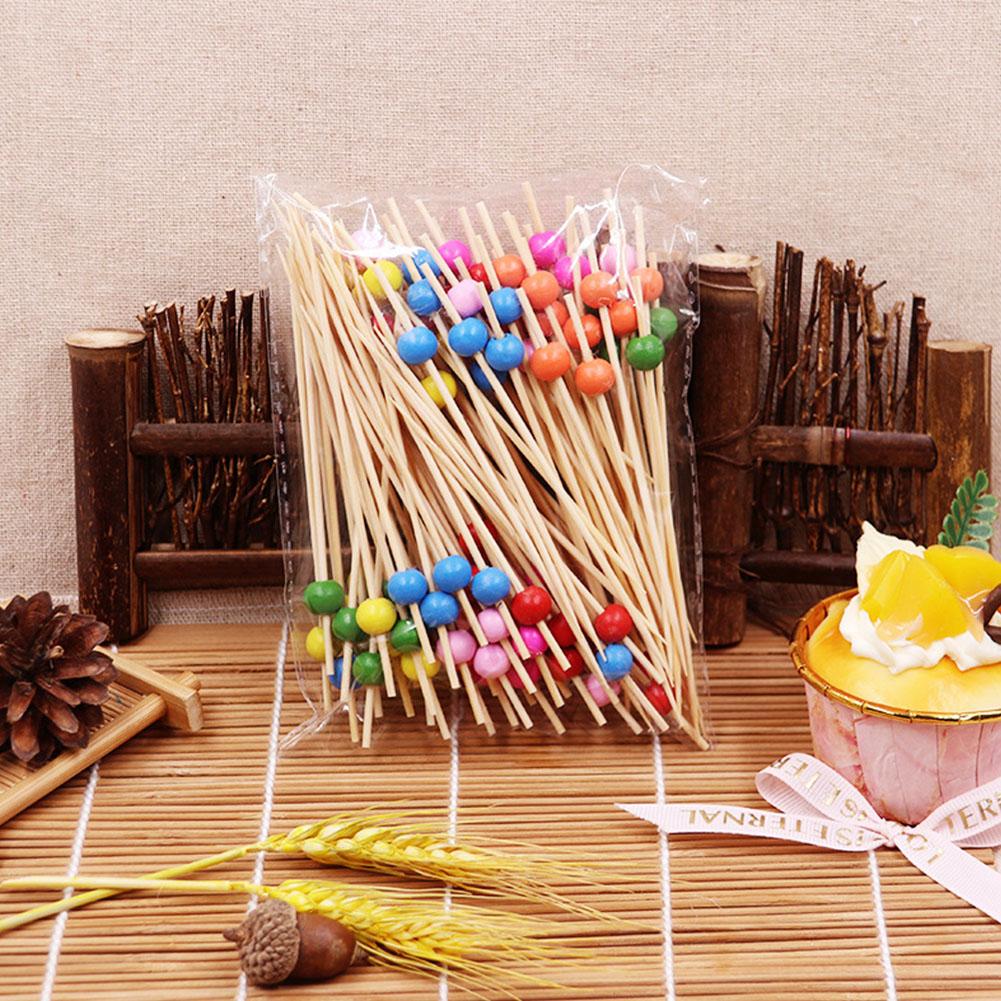 100 Pieces 12cm Disposable Fruit Bamboo Sticks with Creative Bead Tags for Desserts Fruits Festival Decoration Accessories