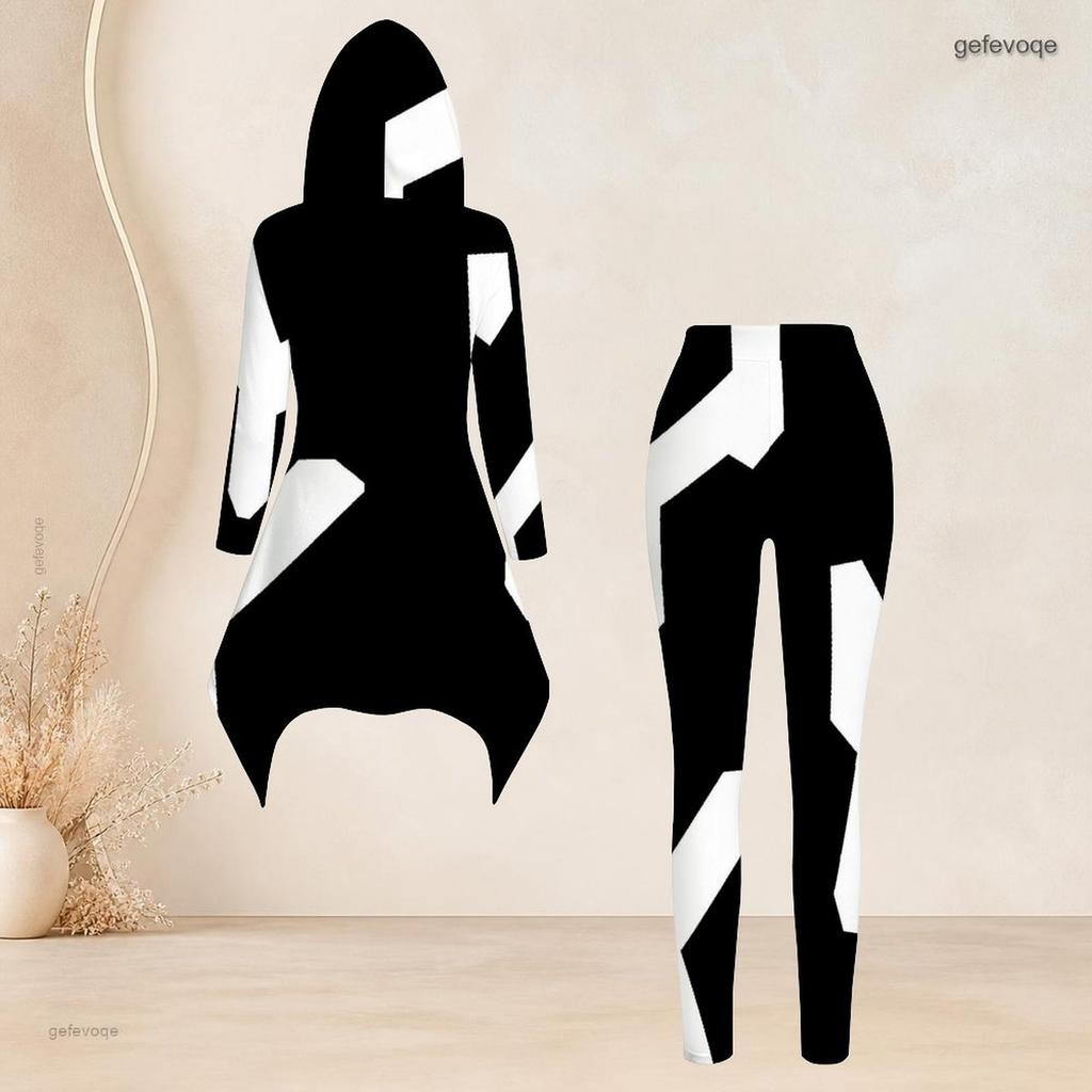 Women Plus Size Black White Printed Hooded Long Sleeve High Low Top Fitted Pants Two Piece Set