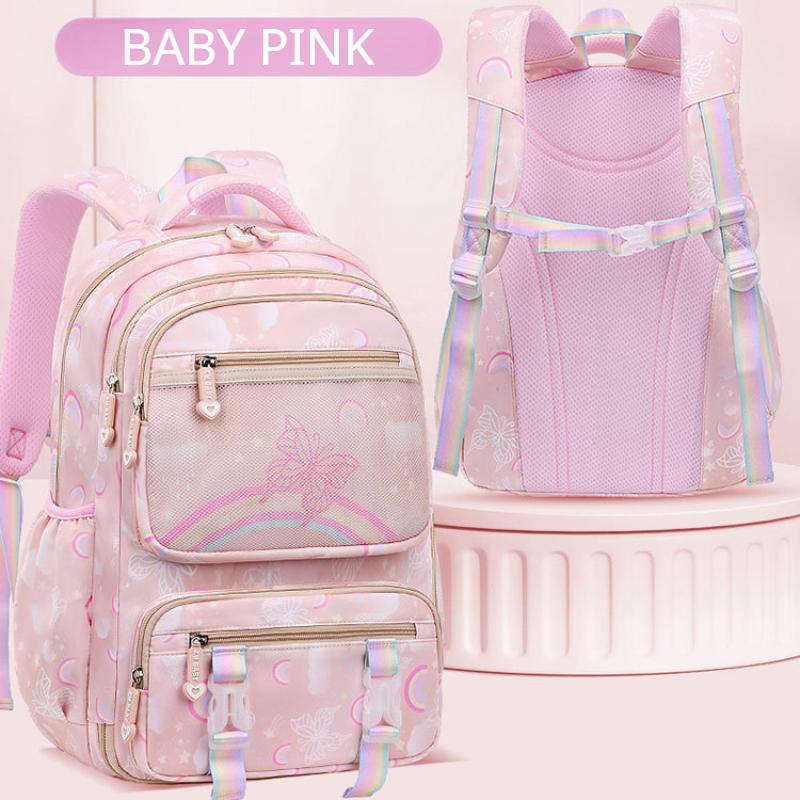 Elementary School Girls Backpack Fashion Rainbow Butterfly Pattern Study Bag Lightweight Refrigerator Door Open Children Rucksack Class 1 3 To 6
