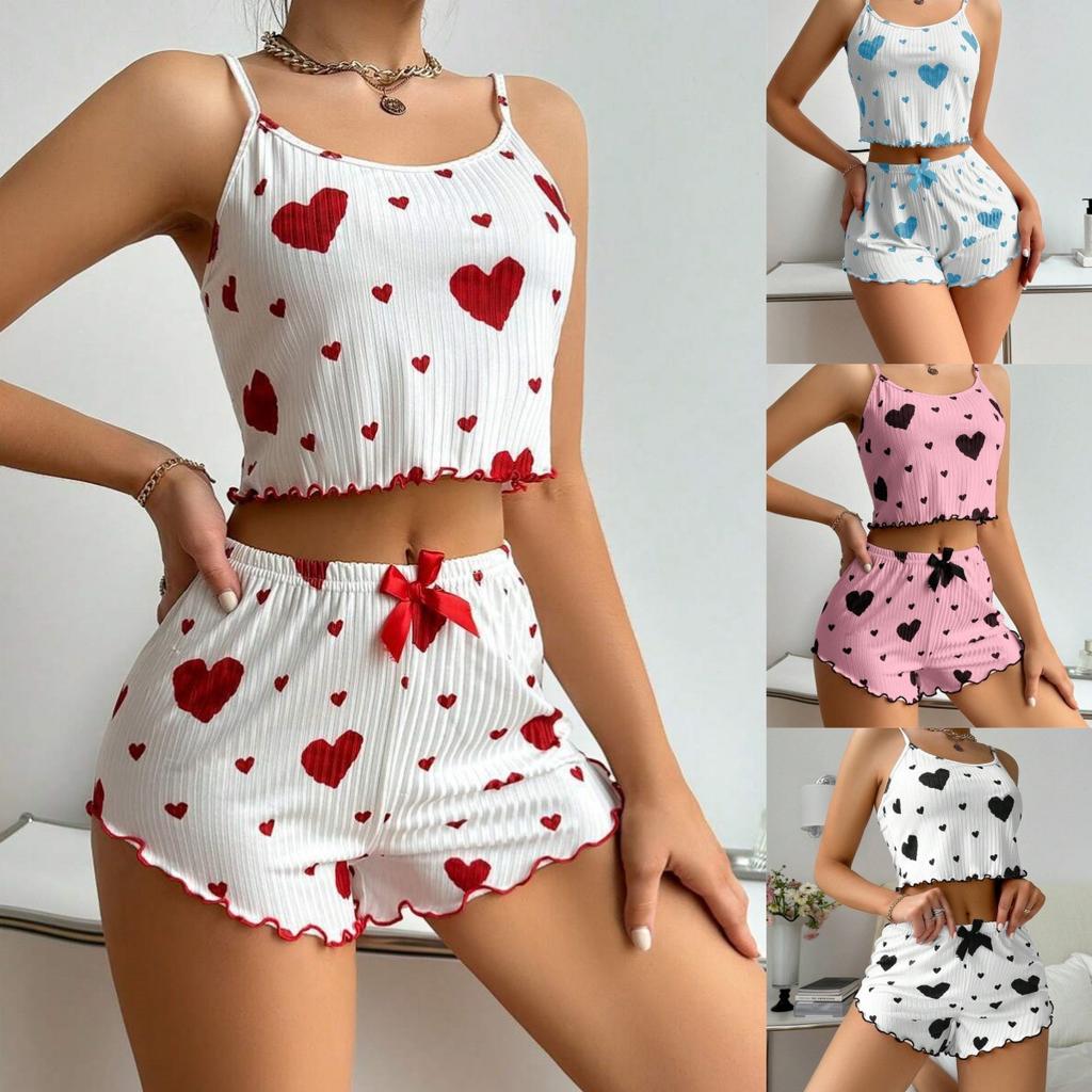 Fashion Women Pajama Sets Love Print Sleeveless Top Shorts 2 Piece Sleepwear Casual Fashion Nightwear Femme Pyjamas Tops Pants Suit