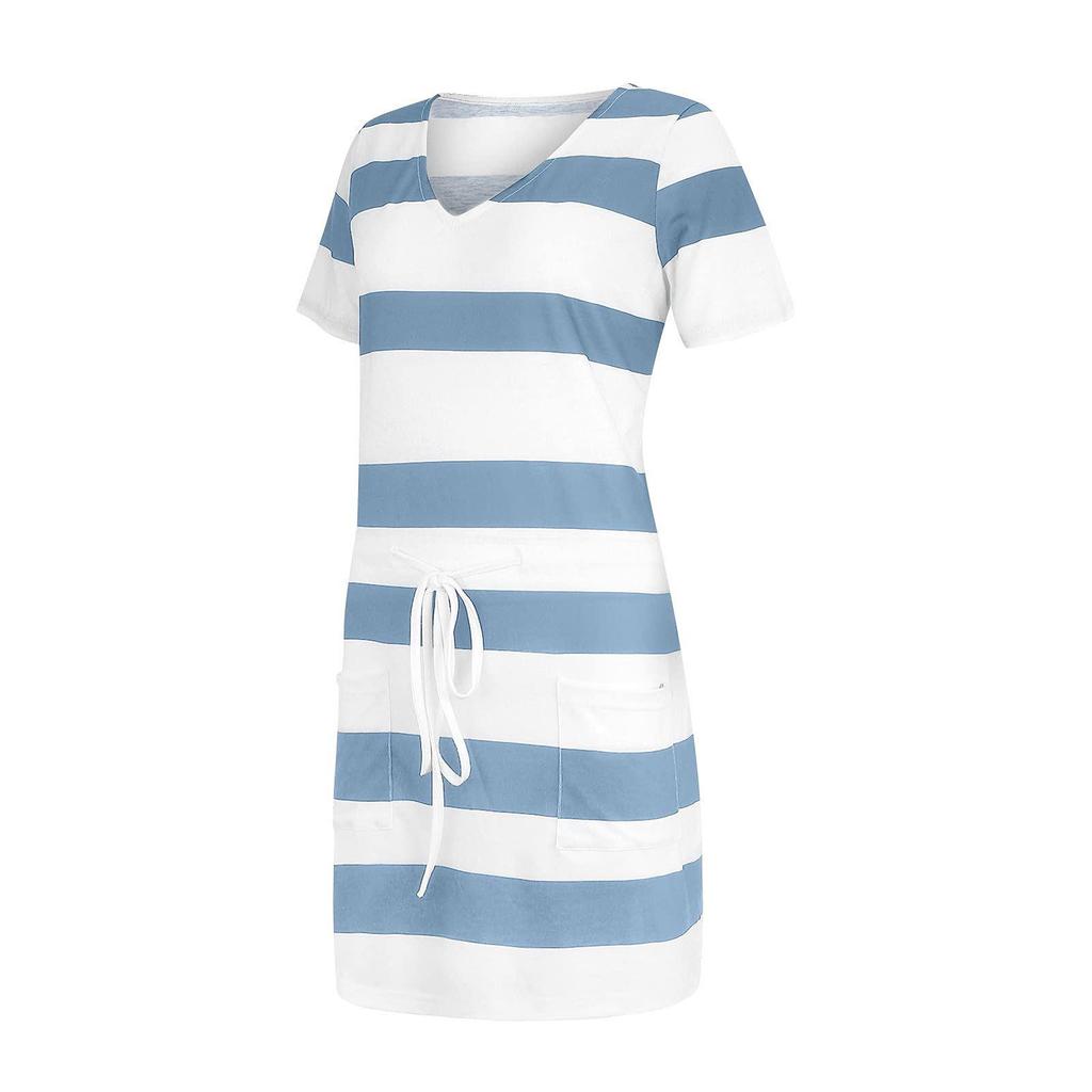 2023 Summer Women's Striped Short Sleeve Dress with Drawstring Mini Skirt
