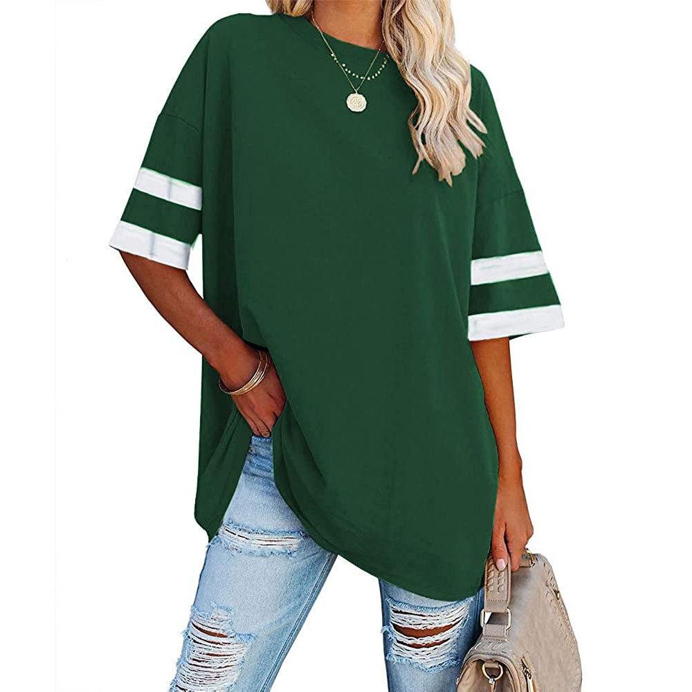 Women's Loose Half-sleeve Round Neck Colour Clashing Drawstring T-shirt