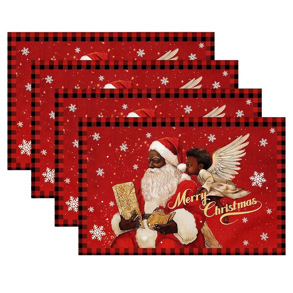Set of 4 Premium Christmas Placemats, Santa Claus Design, Heat Resistant, Smooth To The Touch, Polyester, Machine Washable