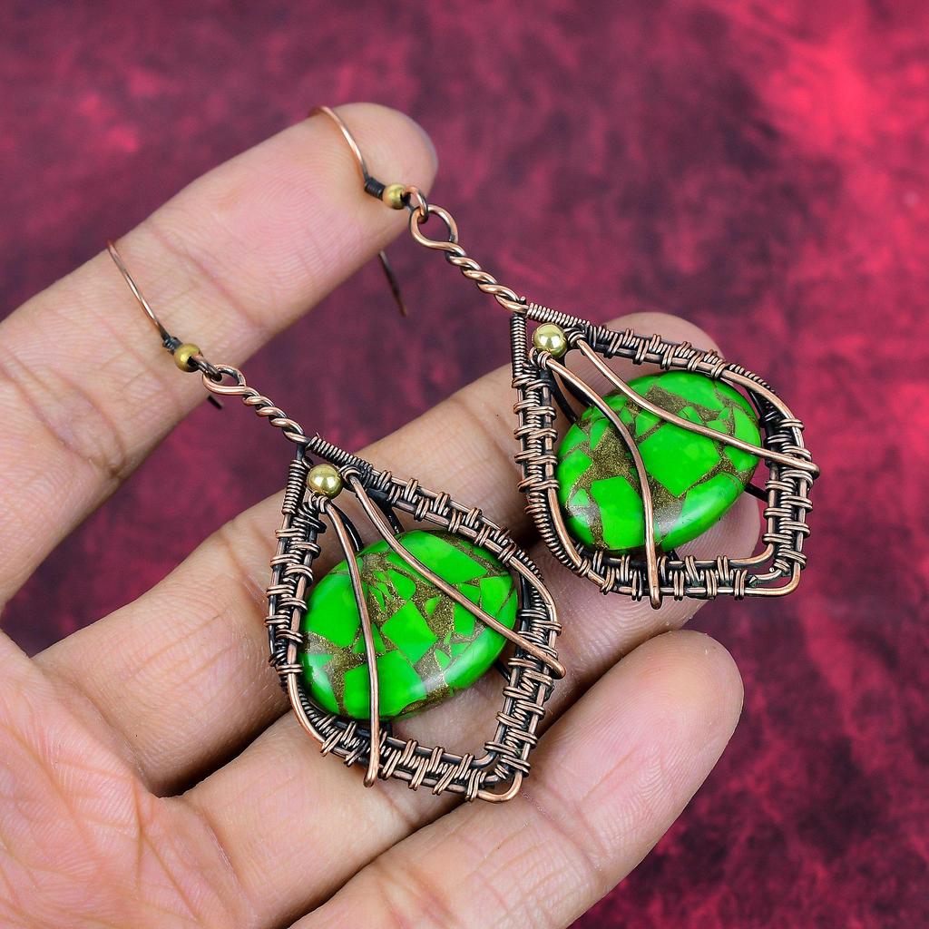 Brinco turquesa verde cobre brincos enrolados em fio de cobre joias de cobre feitas à mão brinco de pedra natural joias wrap de arame presentes para ela