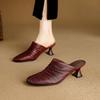 Fashion NEW Summer Women Mules Genuine Leather Shoes for Women Round Toe Thin Heel Shoes Cover Toe Slingback Sandals Pleated Slippers
