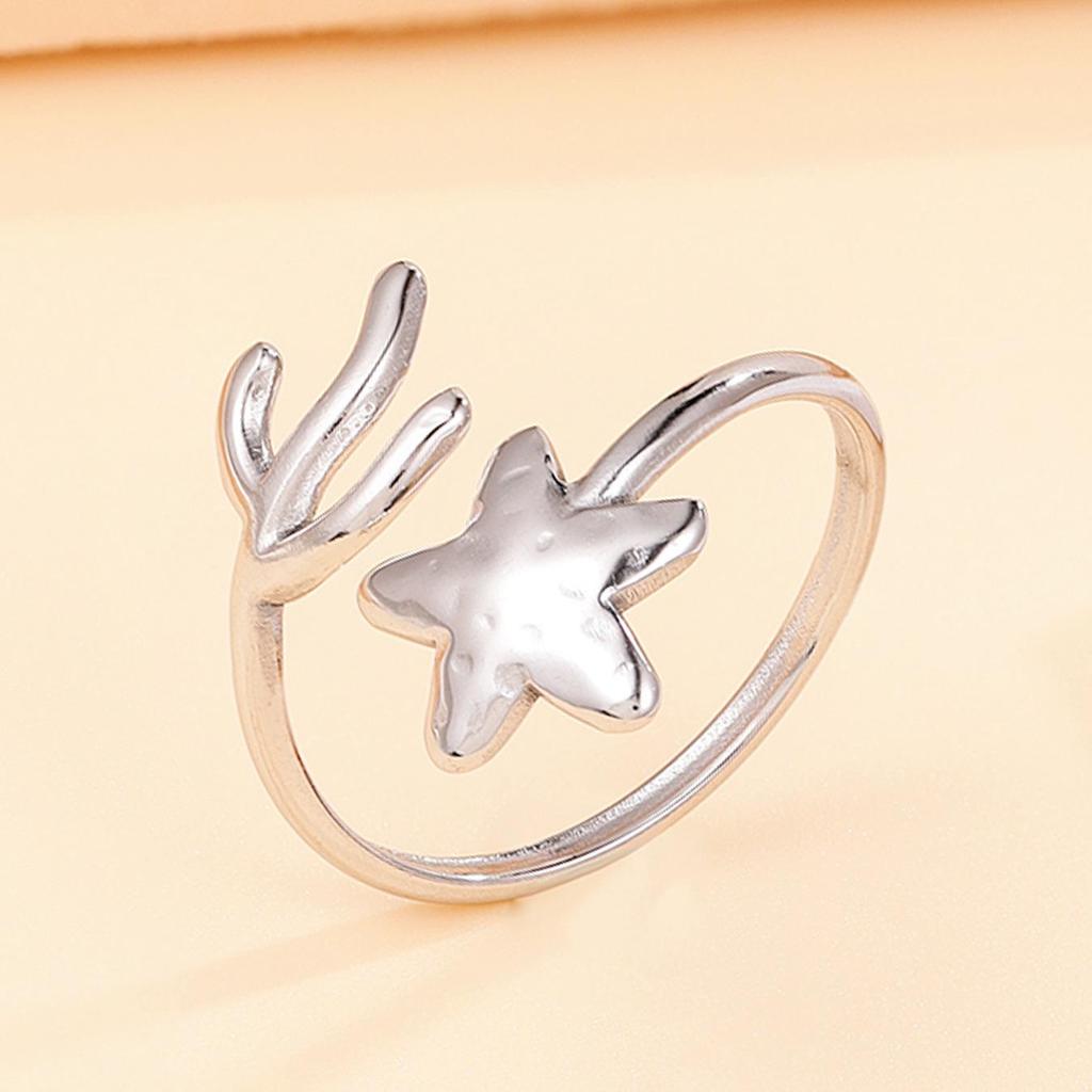 Bohemian Ocean Series Starfish & Seaweed Stainless Steel Open Ring