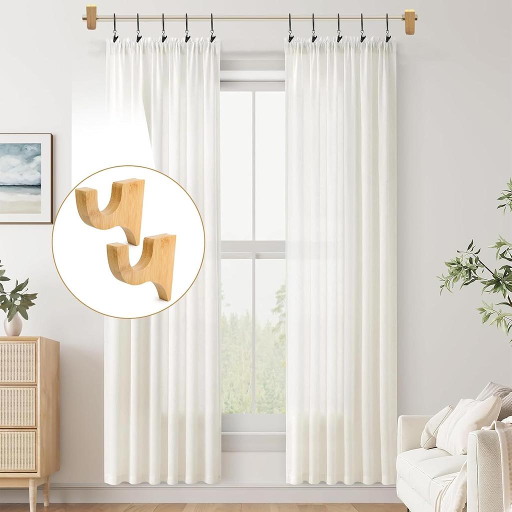 2 Pack Wooden Curtain Rod Brackets Multipurpose Curtain Rod Holders with 20 Pcs Curtain Rings with Clips for Bathroom Bedroom Livingroom Kitchen