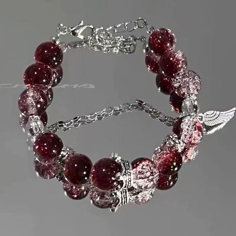 Exquisite Glazed Wine Red Butterfly Floral Beaded Bracelet for Women - Light Luxury Snowflake Design.
