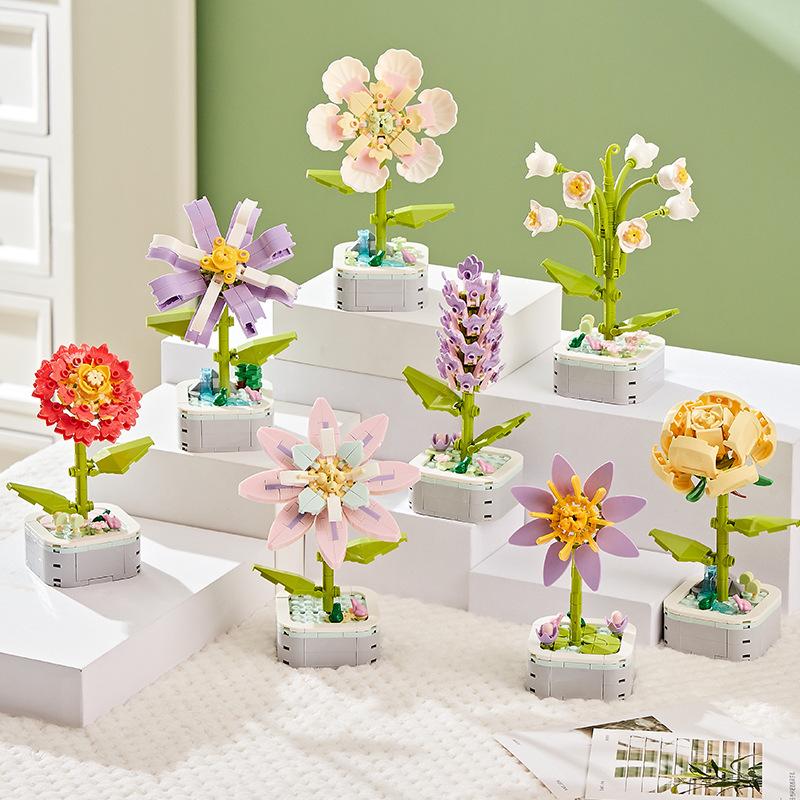 Non-Toxic Perpetual Bouquet Tulip Flower Lilac Building Block 3D Model Home Decoration Plant Potted Assembly Bricks Valentine Child Gifts