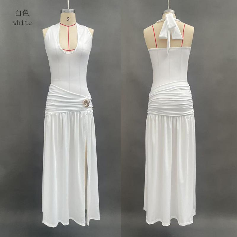 European and American summer new women's clothing neck halter solid color split slim sexy long dress dress