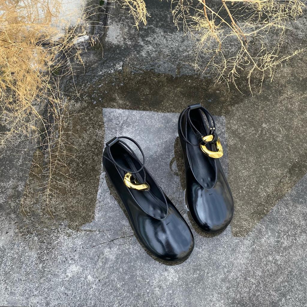 Cowhide Version~ Round Head One-pedal Buckle Belt Single Shoes Half-drag High Heels Fashion Shoes