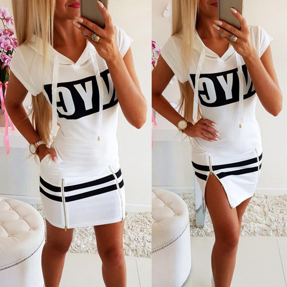 Frauen Mode Brief Muster Hoodie Casual Kurzarm Kordelzug Zipper Hoody Bodycon Kurzes Kleid