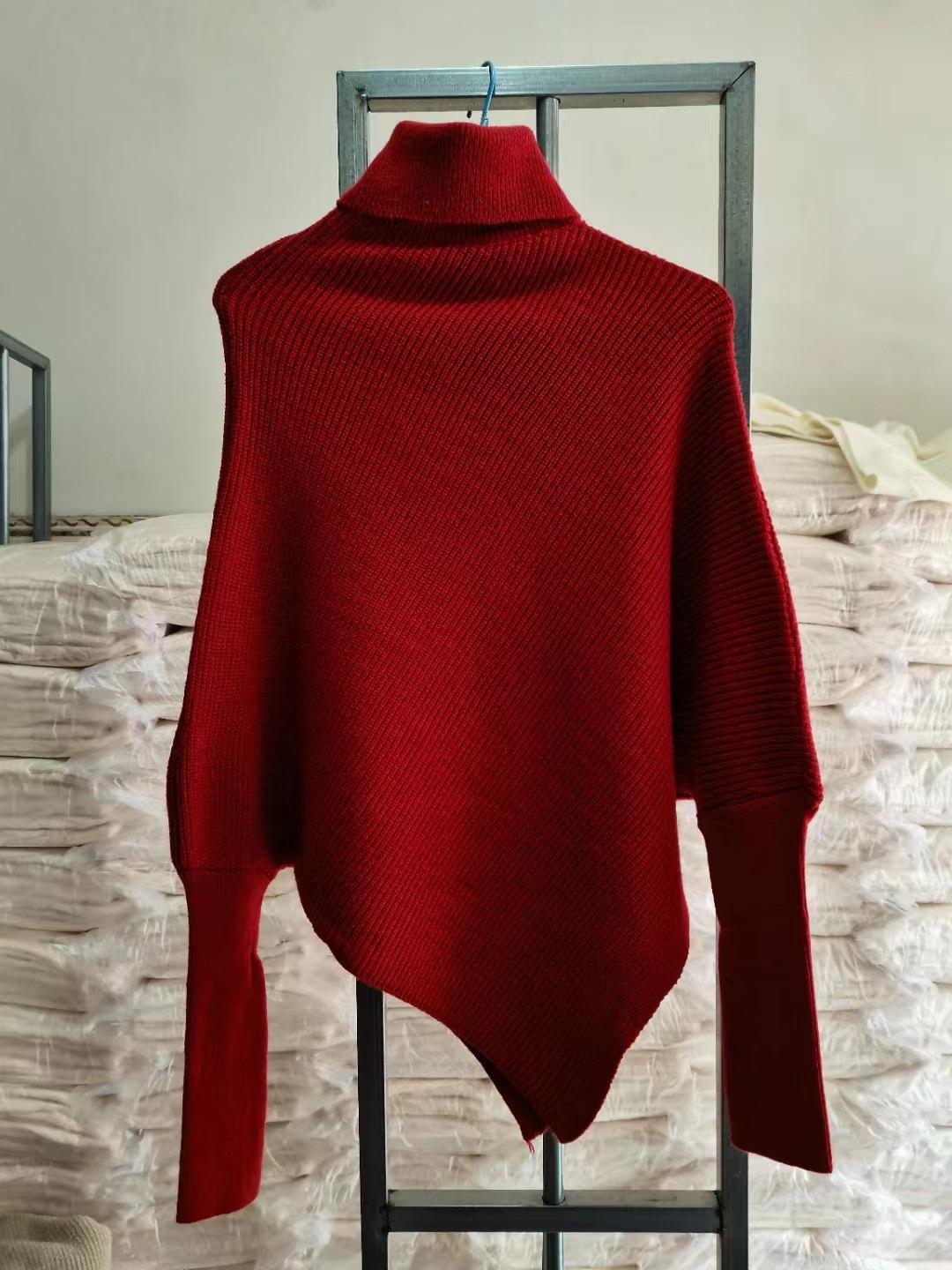 

Turtleneck irregular niche design sweater women s autumn and winter loose lazy wind soft waxy knitted top thickened One size красный