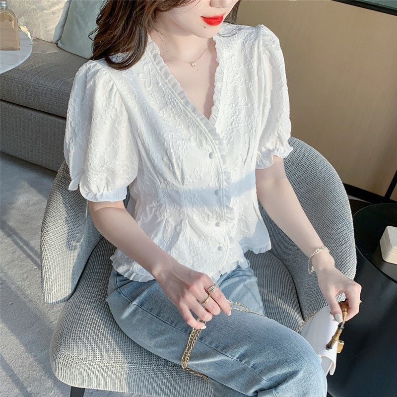 Chiffon Shirt for Women's Design Niche Ruffle Short Sleeves Temperament Commute Leisure