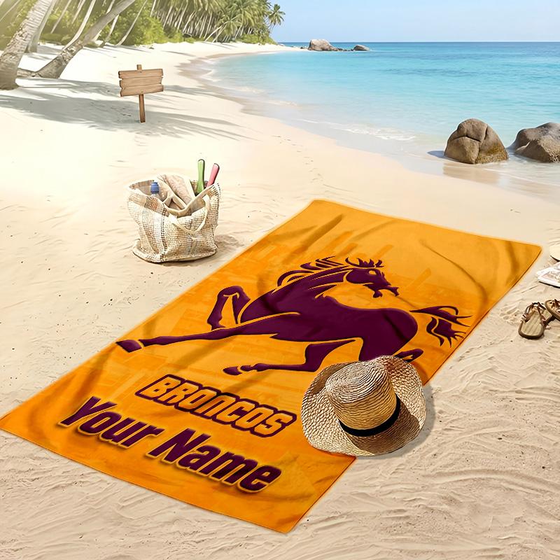 Brisbane Broncos Custom Beach Towel, Print Your Name Text Lightweight Absorbent Towel for Swimming Travel