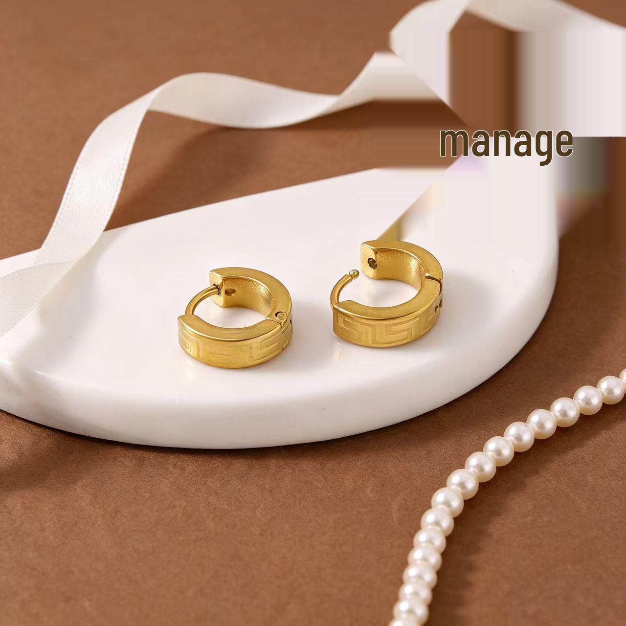 2026 Retro Geometric Gold Earrings: Chinese Style Stainless Steel Great Wall Pattern for Women. 18K Gold