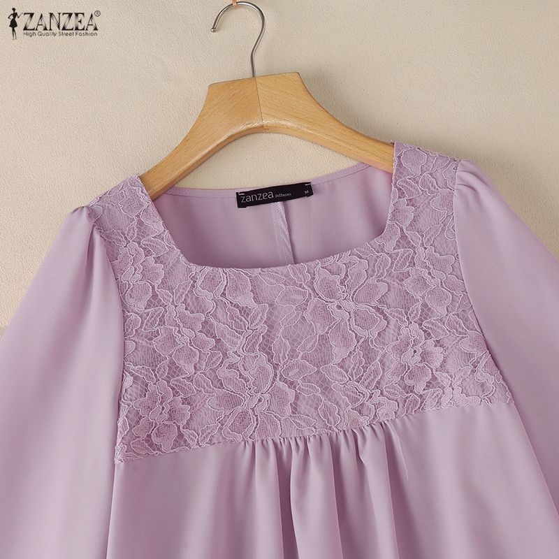 ZANZEA Women Lace Patchwork Square Collar 3/4 Sleeve Elegant Blouse
