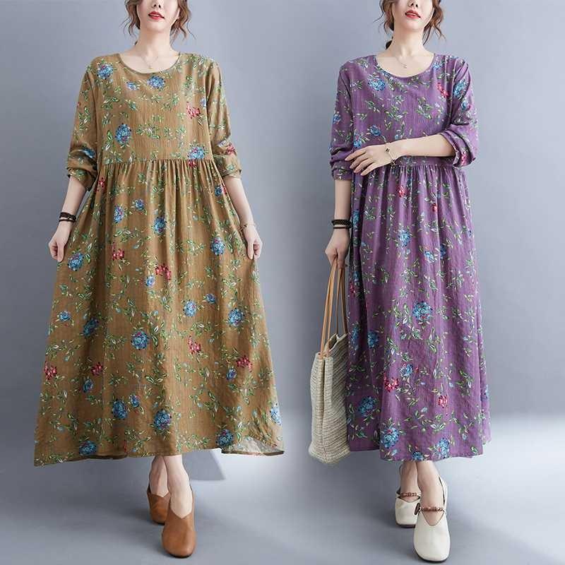 

New Literary Plus Size Printed Long Sleeve Ethnic Style Dresses M фиолетовый