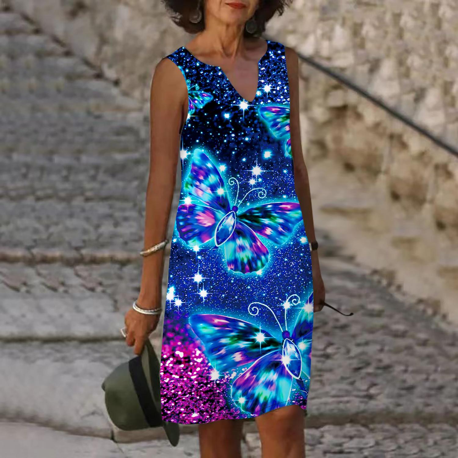 

Женское летнее синее платье с v-образным вырезом и принтом бабочки и кристаллами, повседневное модное платье без рукавов, повседневные свободные сексуальные платья размера плюс XS-8XL 7XL синий