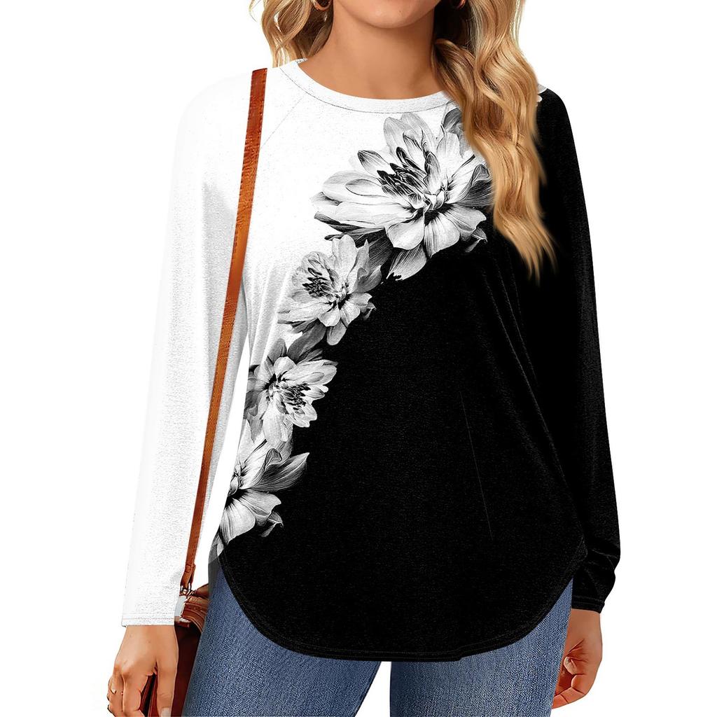 Womens Plus Size Tops Long Sleeve Shirts Round Neck Flowy Tunic Casual Loose Blouse L-5X