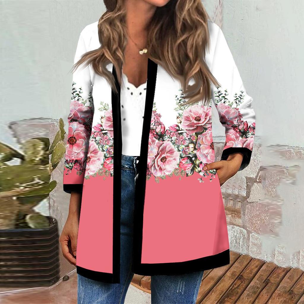 Langärmlige schwarze Patchwork-Strickjacke mit Convention-Print für Damen im Herbst- und Winterstil