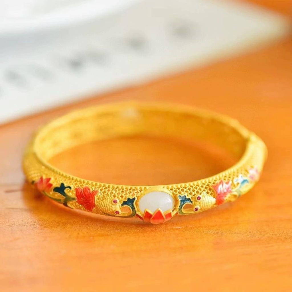 Burnt Blue Koi Lotus Bracelet Ladies Ancient Hollow Opening Gold Bracelet Ancient Chinese Exquisite Bracelet Jewelry