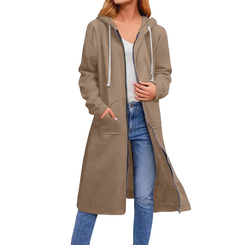 Women's Solid Color Fashionable Loose Zipper Long Cardigan Hooded Sweatshirt Jacket