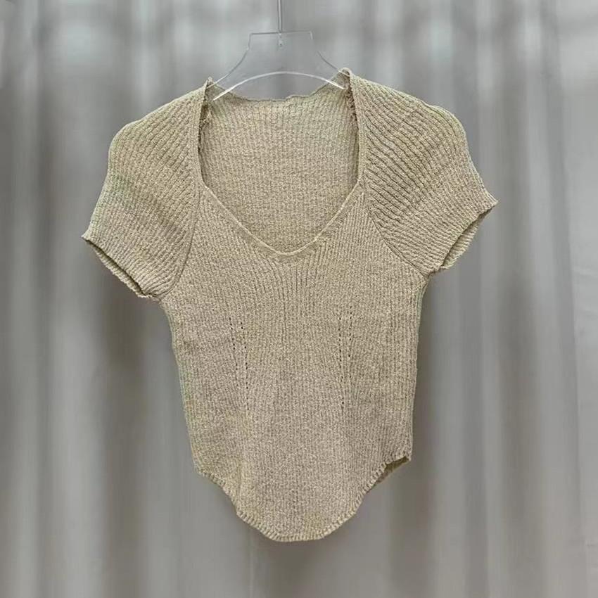 Pletená košile s krátkým rukávem s výstřihem do V Dámské letní modely Smysl pro design s pozitivním ramenem Niche Slim Krátké Nepravidelné Sladěné Topy Ležérní Pulovry Trička