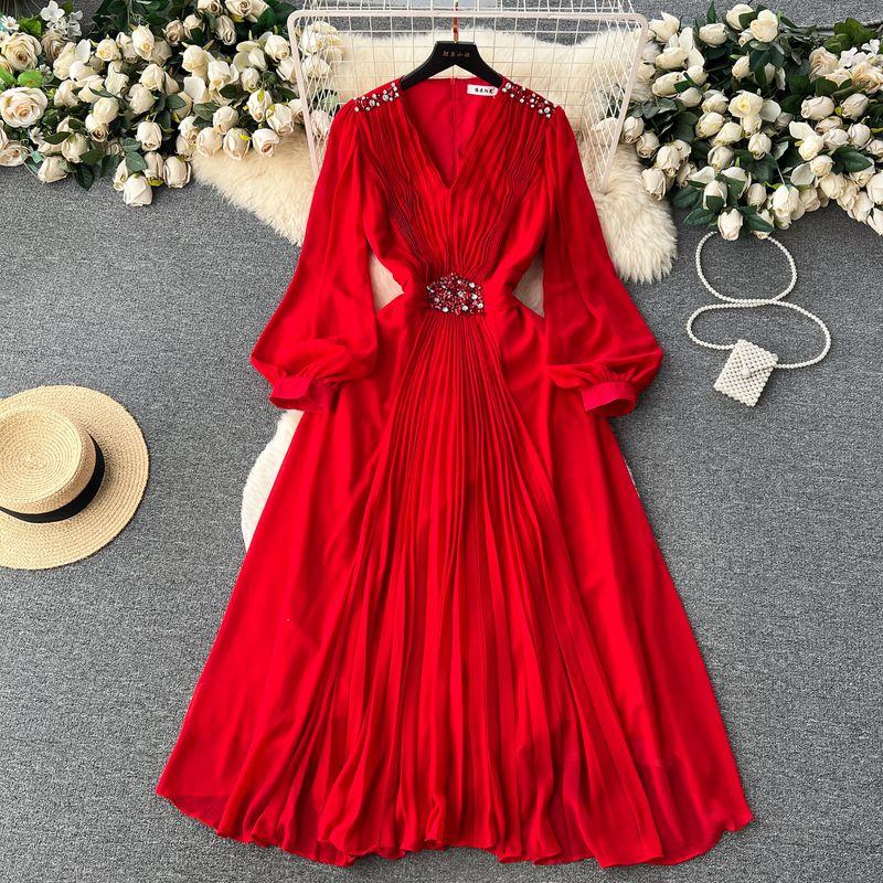 

Retro Lantern Sleeve Dress Elegance Large Swing Rhinestone Red XL