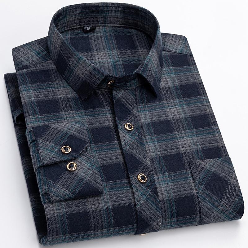 M-6XL Men's Pure Cotton Flannel Shirts Long Sleeve Single Pocket Casual Plaid Thick Soft Cozy Brushed Shirts Blouse Men Clothing