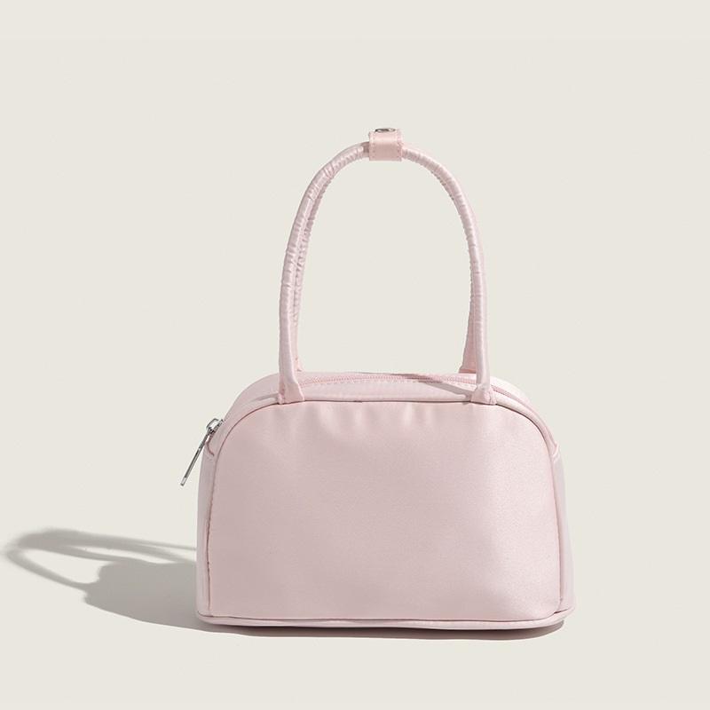 Sweet Dopamine Pink Silk Satin Boston Bag Unique Niche Design Ladies Portable Hand Carry Handbag Dating Commute Shoulder Bag