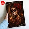 Tin Sign  Halloween Sugar Skull Girl Wall Decor Vintage Rose Candle Skull Metal Poster Plaque for Bar Pub Home Kitchen Bedroom O
