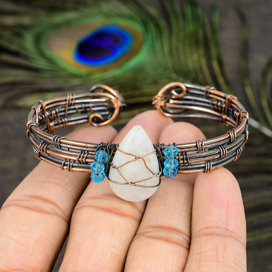 Natural Rainbow Moonstone Gemstone Copper Wire Wrap Cuff Bangle Adjustable C5g43