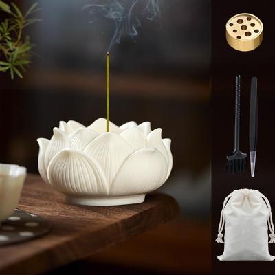 Lotus-shaped Incense Burner for Buddhist Altars, with a 9-hole Brass Incense Holder. Made from Natural Ivory. Mini Incense Burnerincense Holder.