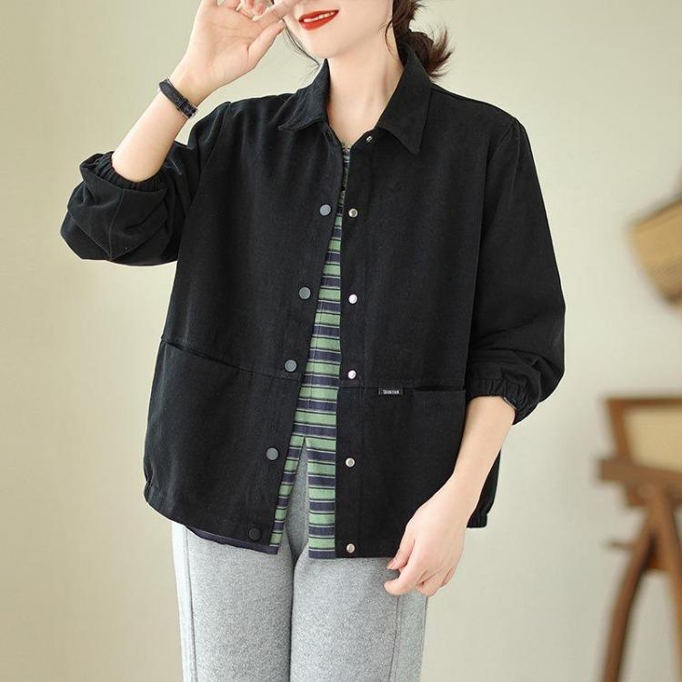 

Женская хлопковая куртка в корейском стиле, универсальная, свободного кроя, слим-фит, длинный рукав, однотонная, с отложным воротником M чёрный