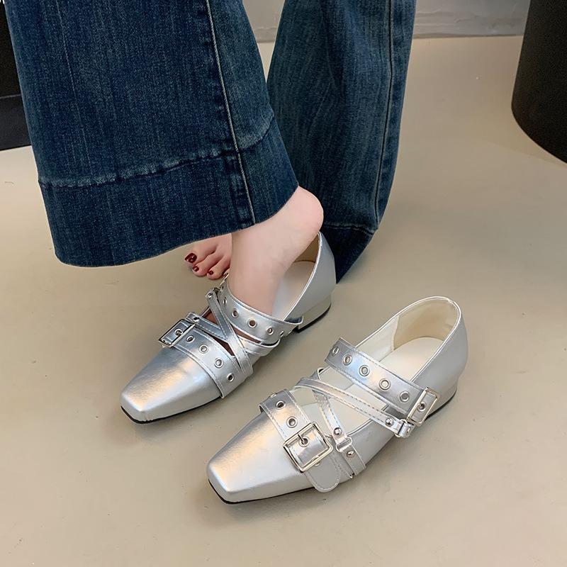 Fashion Retro Cross Belt Mary Jane Single Shoes Spring Autumn Women's Square Head Buckle Korean Low Heel Evening Leather Shoes