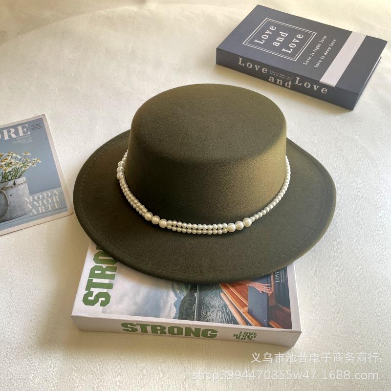 Pearl Chain Flat Top Top Hat Women's Autumn and Winter Warm Woolen Felt Hat Celebrity Retro British Small Fragrant Shopping Fashion Hat
