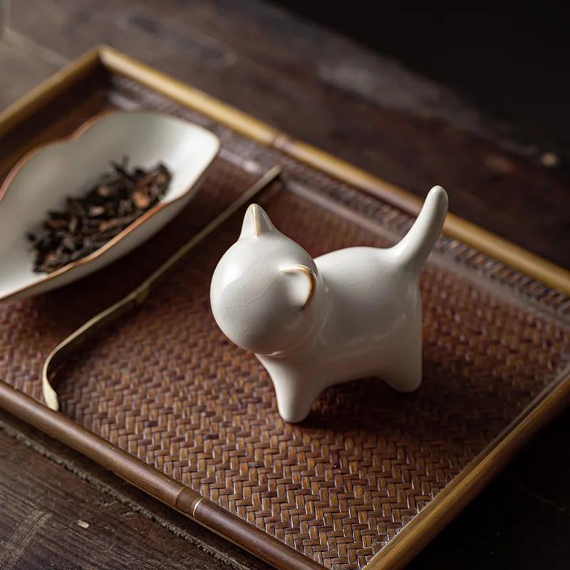 Creative Cat Cream Ru Kiln Ceramic Tea Pet Cute Cat Tea Play Ornaments Can Raise Chinese Art Pen Holder Teapot Lid Stand Tea Set