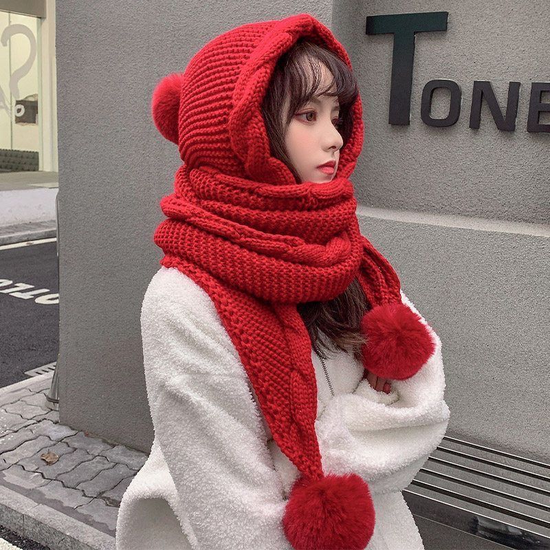 Damen Koreanischer Stil Vielseitige Strickmütze Schal Integriert Niedlicher Pompon Ohrenschutz Verdickte Warme Mütze für Herbst Winter