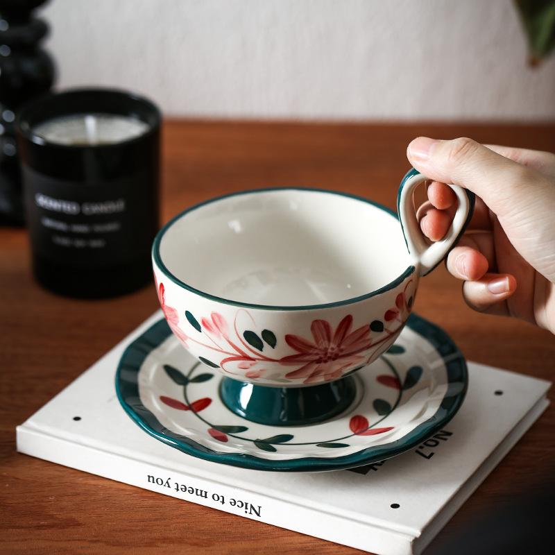 Coffee Cups Flower Tea Mug Hand Drawn Underglaze Colored Ceramic Cups and Dish Set Japanese Afternoon Tea with High Footed Cup