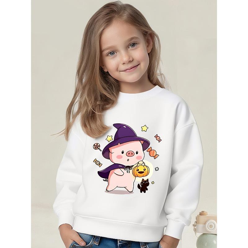 Halloween Theme Cartoon Pig Long Sleeve Crewneck Pullover Sweatshirt for Kids, Fun Round Neck Top for Boys And Girls, Suitable for All-Season Home