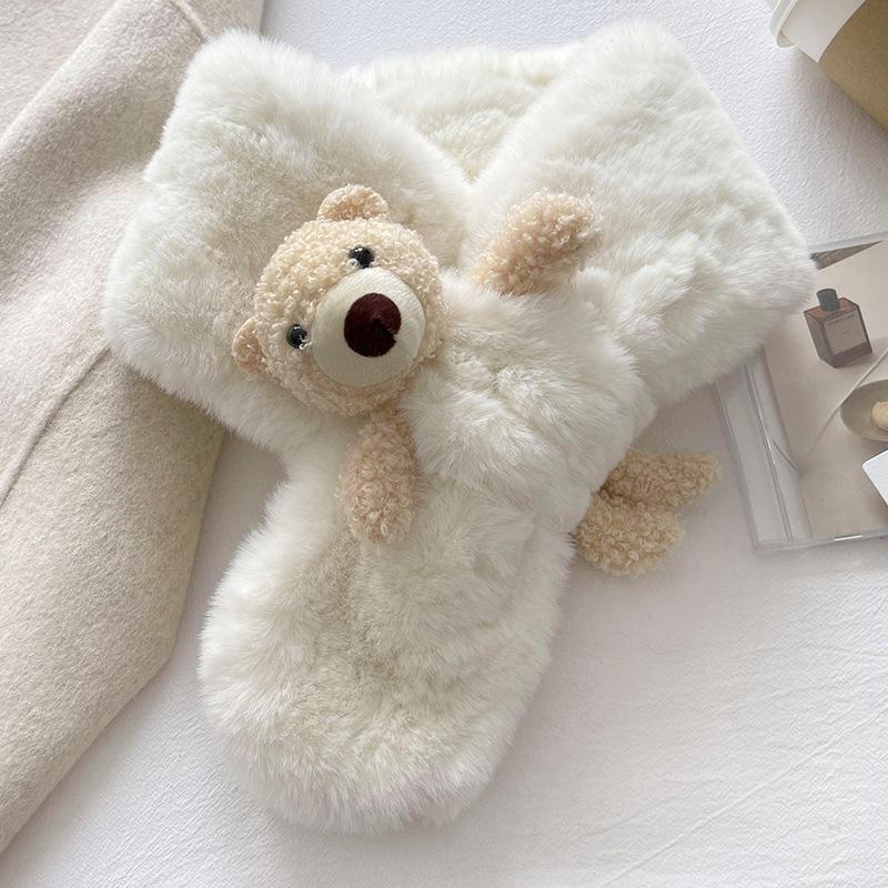 Milk Fufu Cute + Bear Fluffy Scarf Winter Thickened Plush Children's Cartoon Warm Cross Scarf Girl