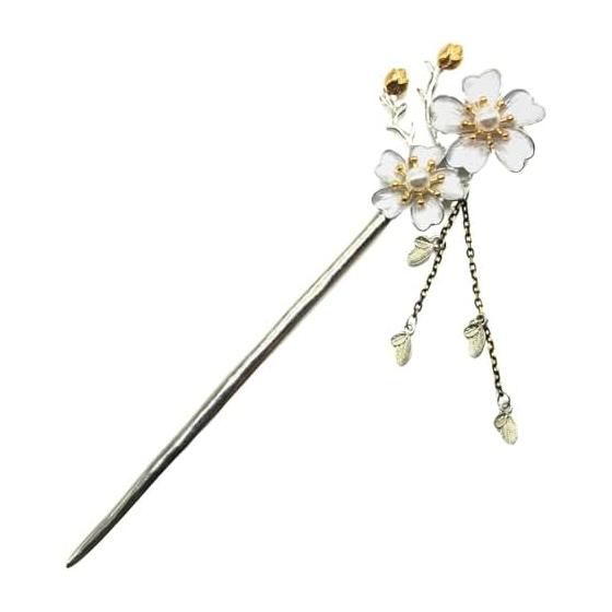 Miaomyao Hairpin Kanzashi Single Prong Hair Stick for Japanese Kimono, Metal Antique Cubic Zirconia, Couple Double Flower, Cherry Blossom, Petals,