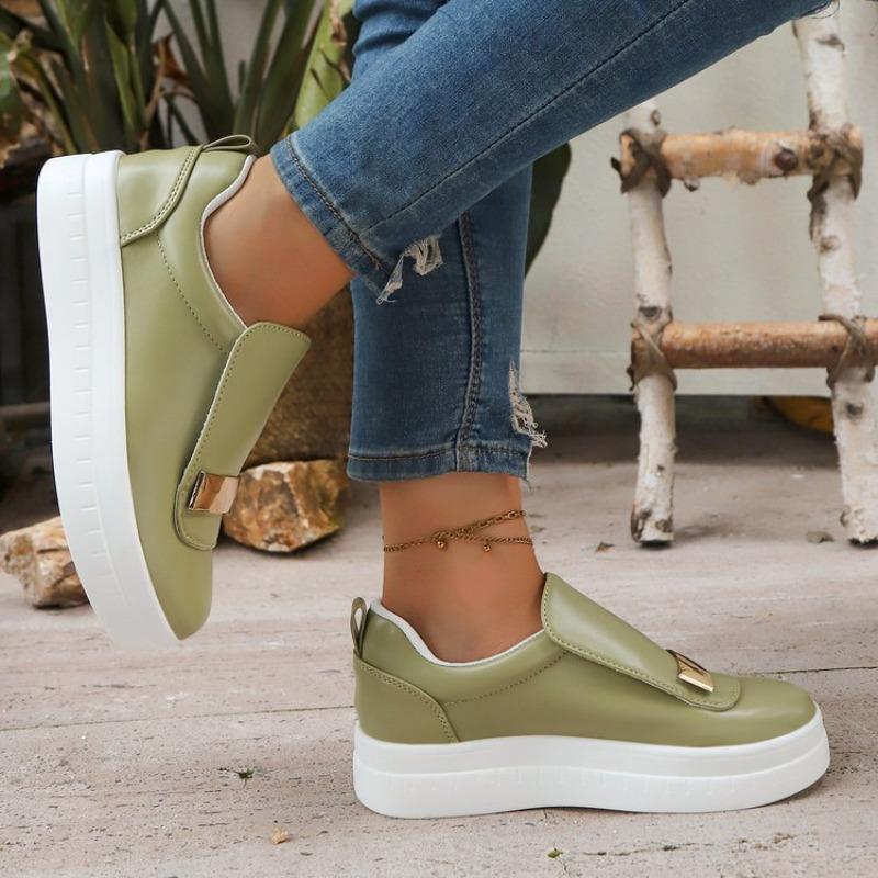New Autumn European American Style Women's Thick Soled Solid Color Metal Flat Casual Shoes