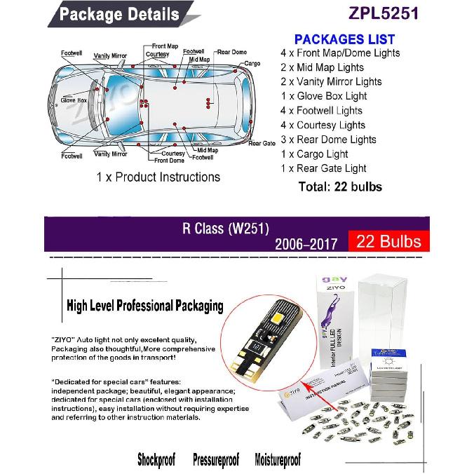 ZIYO ZPL5251 - LED Interior Light Kit for Mercedes Benz R Class W251 2006-2018 Dome Light Bulbs Replacement Package, 6000K Xenon White LED Lights