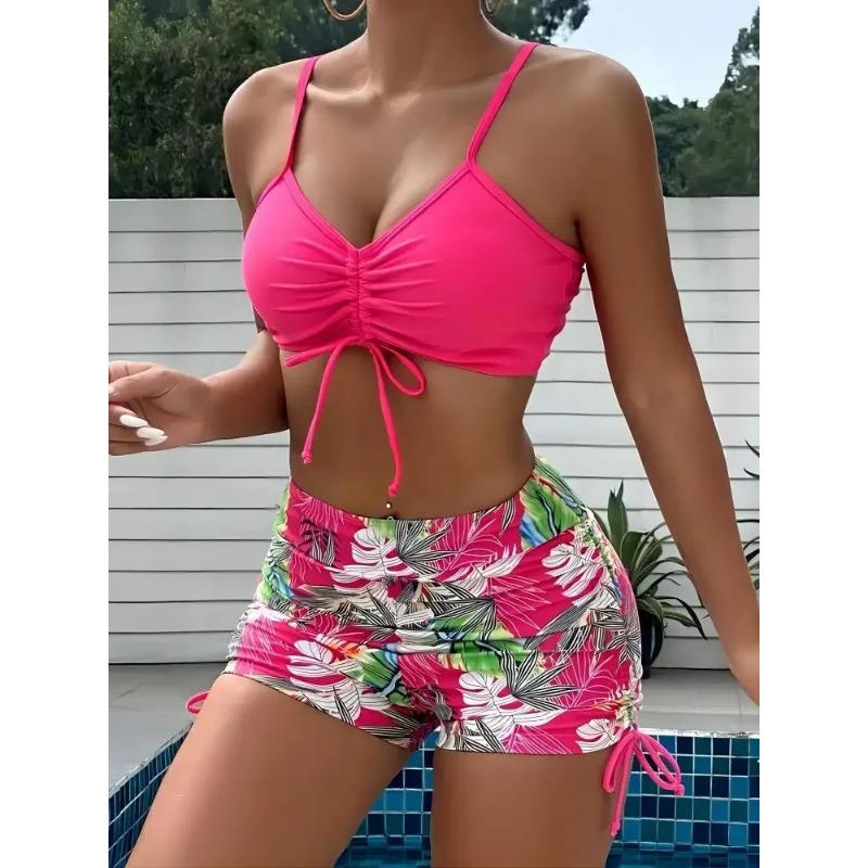 

Tropical Leaf Print V-Neck High Waist Bikini Set Two Piece Swimsuits Women s Swimwear and Clothing biquinis mujer XL розовый