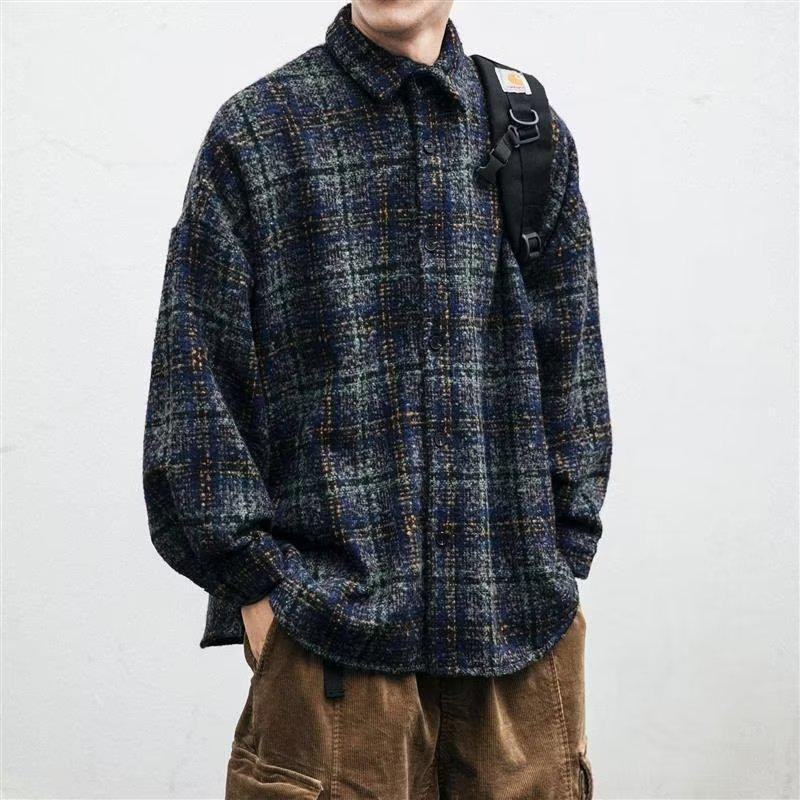 Men's Retro Plaid Wool Jacket - Long Sleeve, Versatile Casual Coat for Spring and Autumn