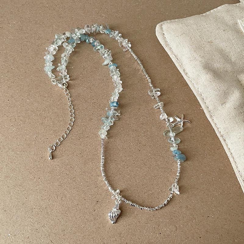 Women's Stylish Irregular Crystal Natural Stone Star Trumpet Shell Beaded Necklace Shiny Silver Water Wave Chain Choker